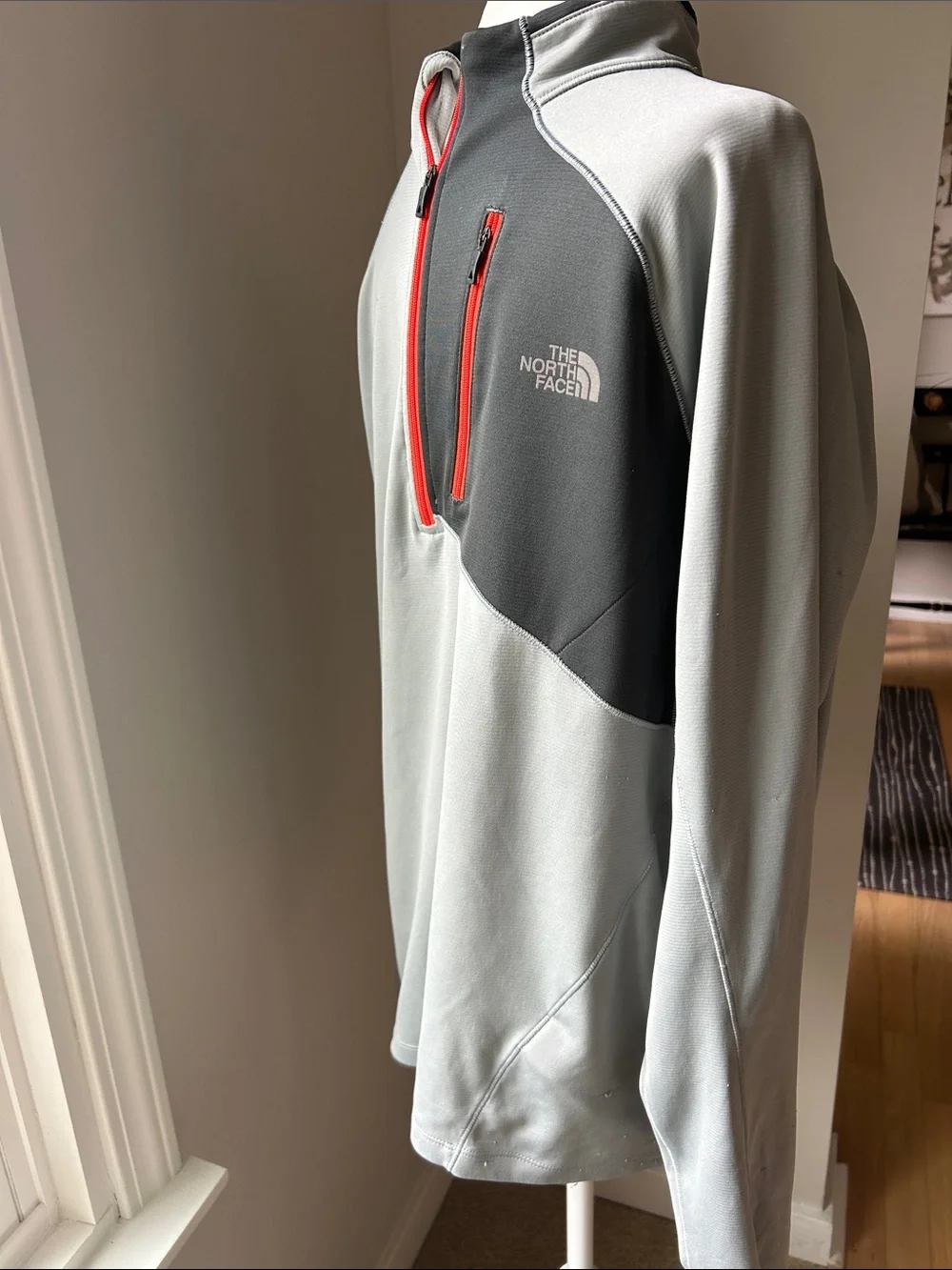 Men’s The North Face Gray Pullover 1/4 Zip with Black Panel and Orange Zipper, L
